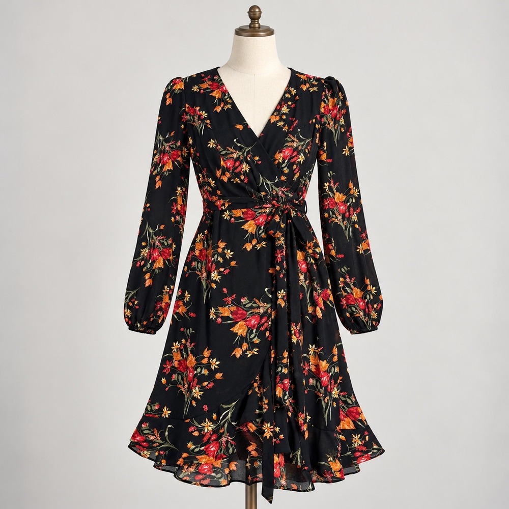 Mi Ami Francesca's Mini Dress XS Black Floral Saturn R36 Wrap Ruffle Long Sleeve